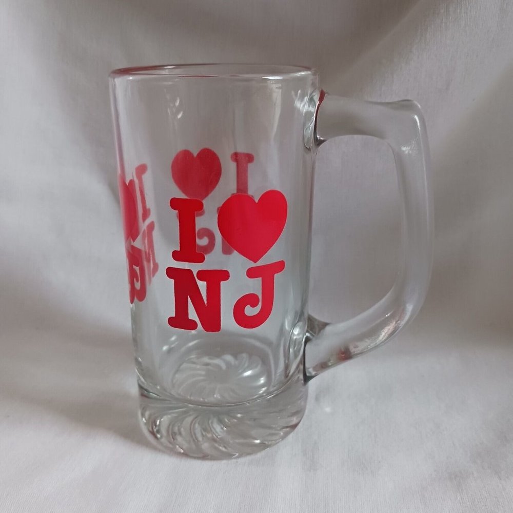 Tall Heavy Glass Beer Mug 16oz I Love New Jersey Red Souvenir‎ Barware Clear Red